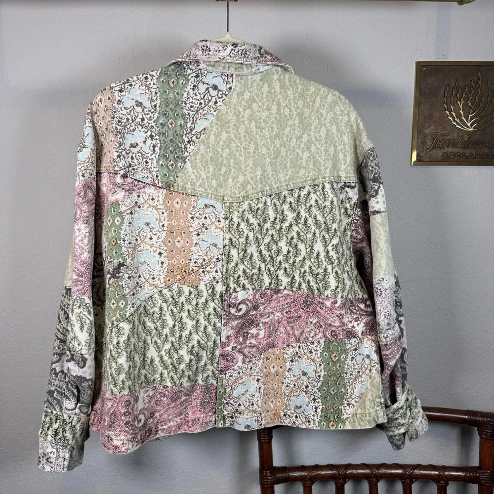 Free People Womens Patchwork Denim Jacket Paisley Floral Multi Color XS - Picture 8 of 11